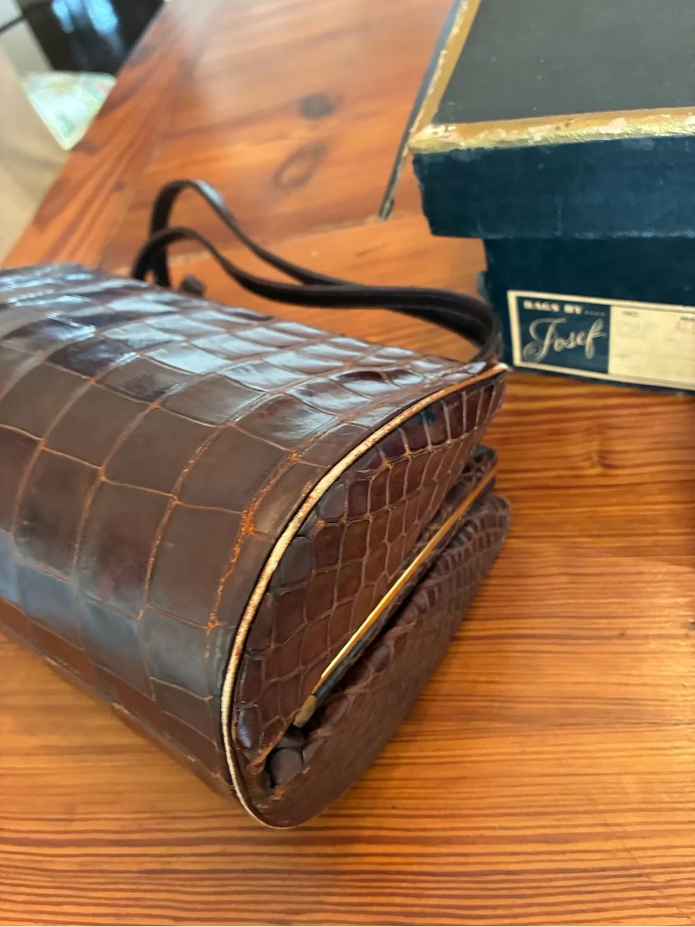 Croc-Embossed Dark Brown Leather Handbag